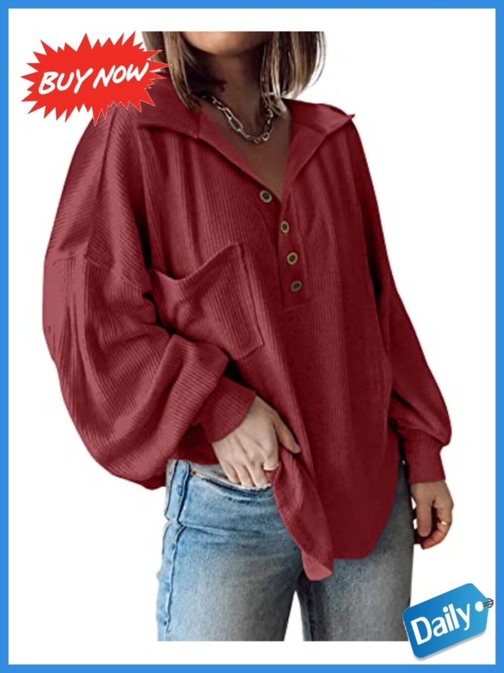 Women's Ribbed Tunic Top Loose Fit Balloon Sleeve Blouse